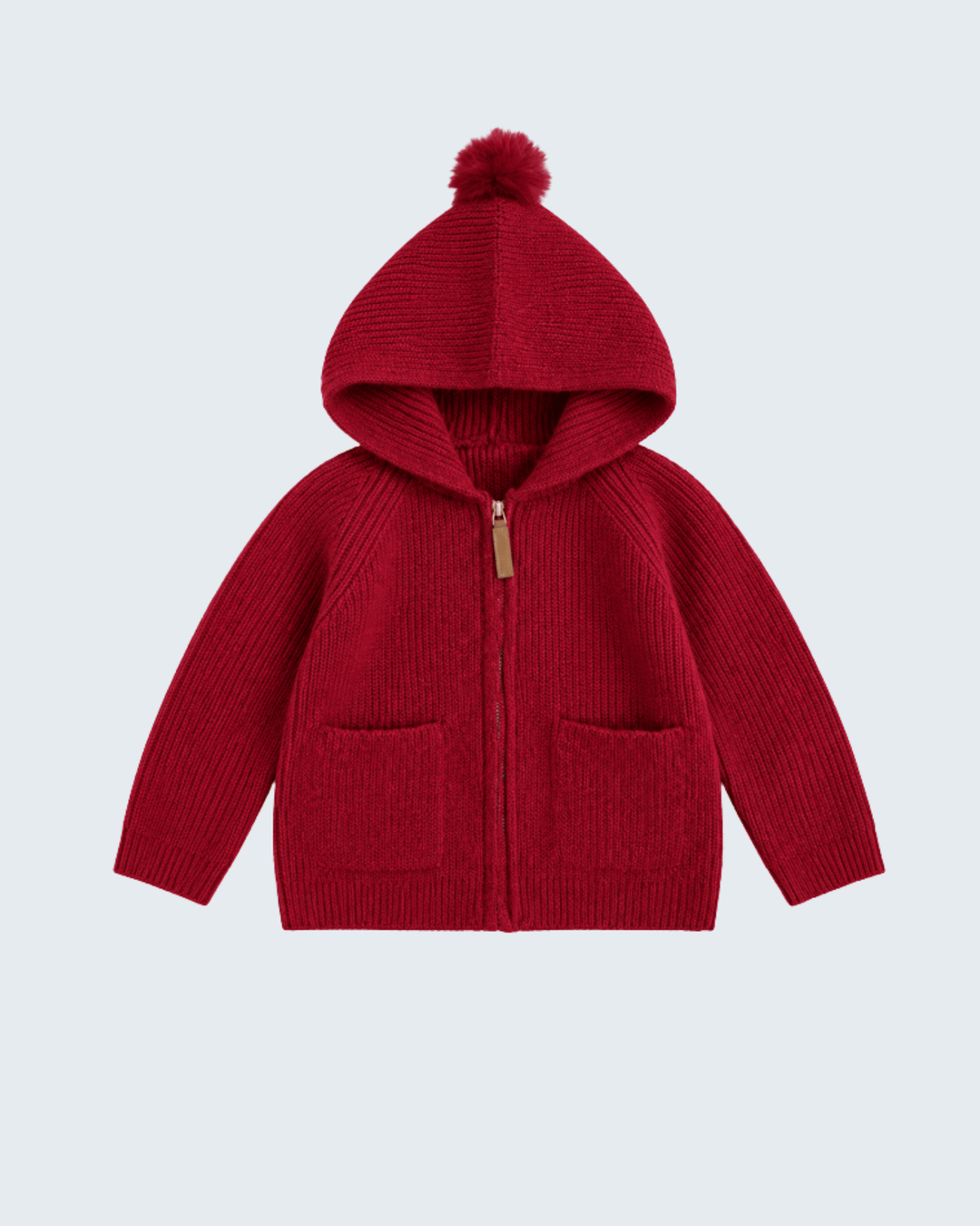 Red knit hooded zip cardigan with pom-pom and two front pockets