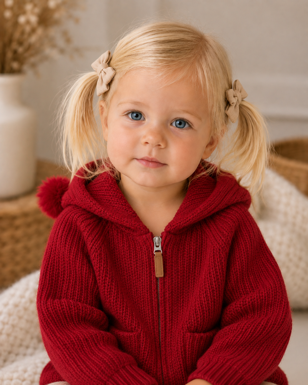 Red knit hooded zip cardigan with pom-pom, worn by child, front zip and pockets