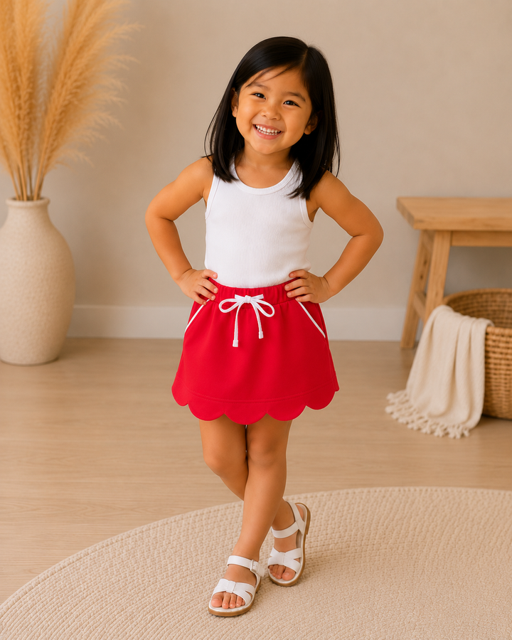 A young girl smiling and posing in a bright room, wearing a sleeveless white top and a red skort with a white drawstring.