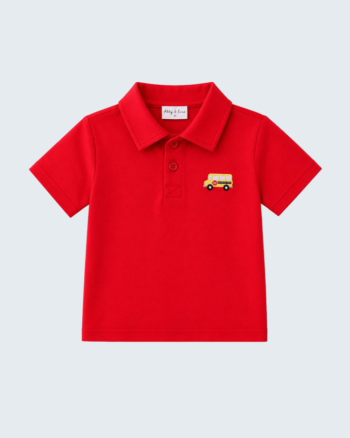 Red pocket polo shirt with school bus applique, short sleeves and button placket