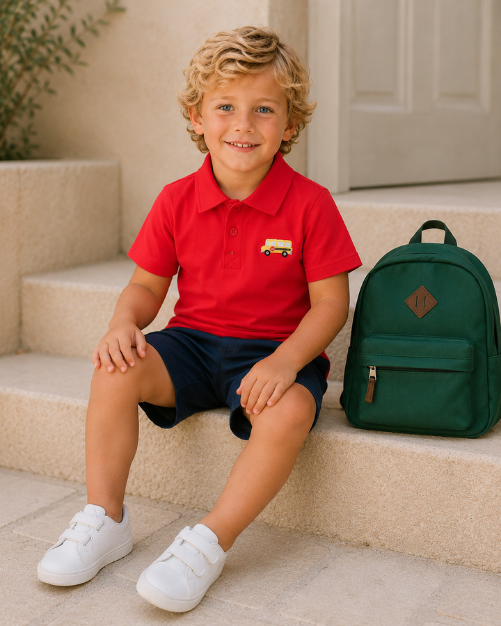 Red polo shirt with school bus pocket applique, worn by child, short sleeves