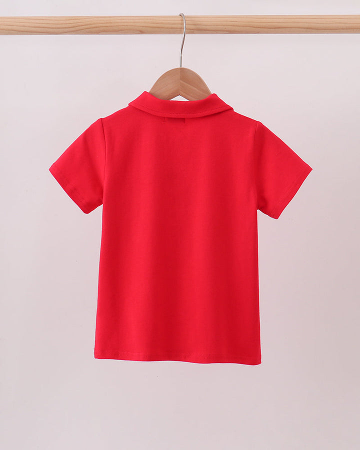 Red polo shirt back view with short sleeves and open collar