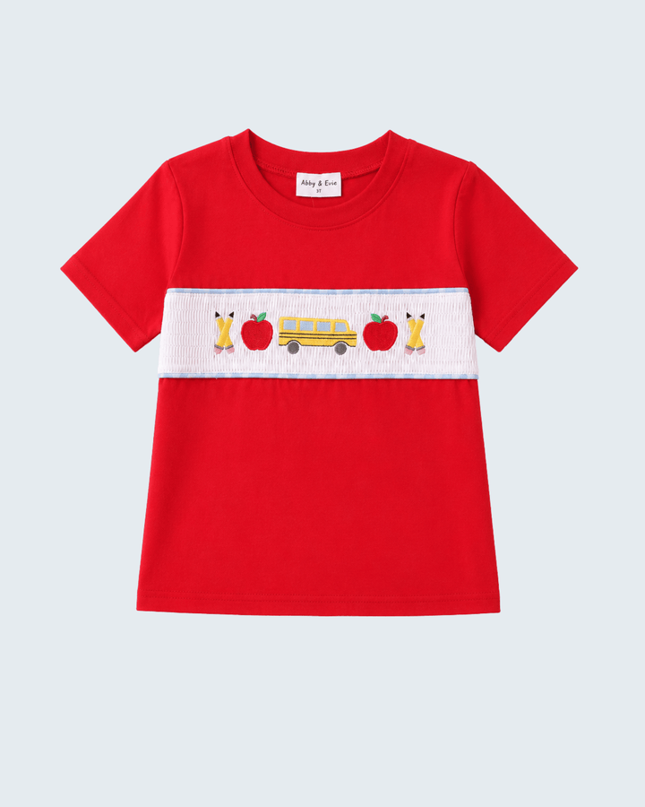 Red kids T-shirt with white smocked band and school bus appliques