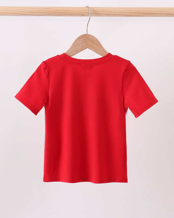 Red short-sleeve kids T-shirt on wooden hanger