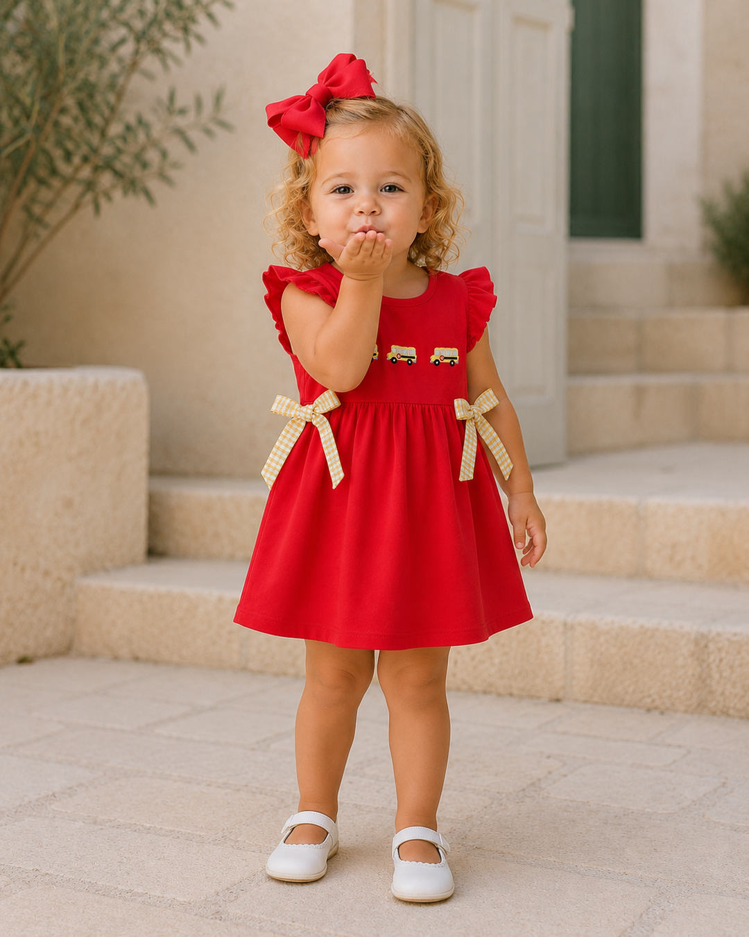 Red school-bus bow dress worn with ruffled sleeves and check ribbon ties