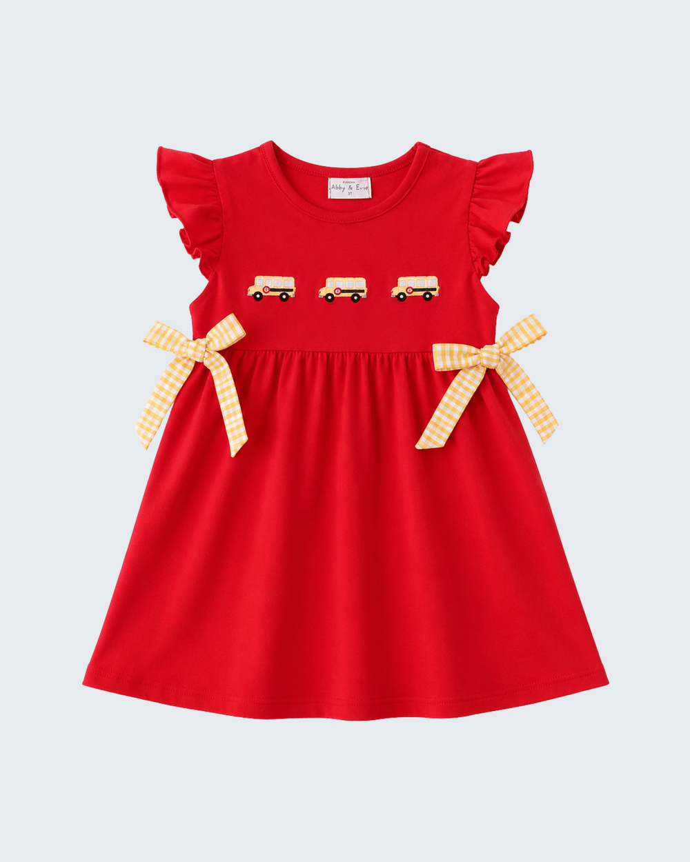 Red school-bus print bow dress with puff sleeves and check ribbon bows