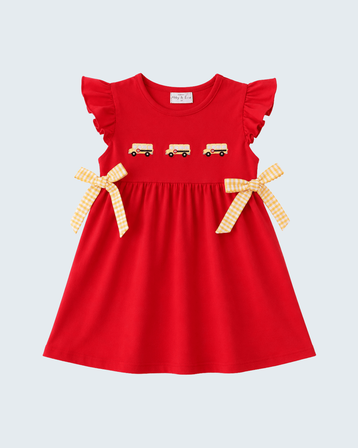 Red school-bus print bow dress with puff sleeves and check ribbon bows