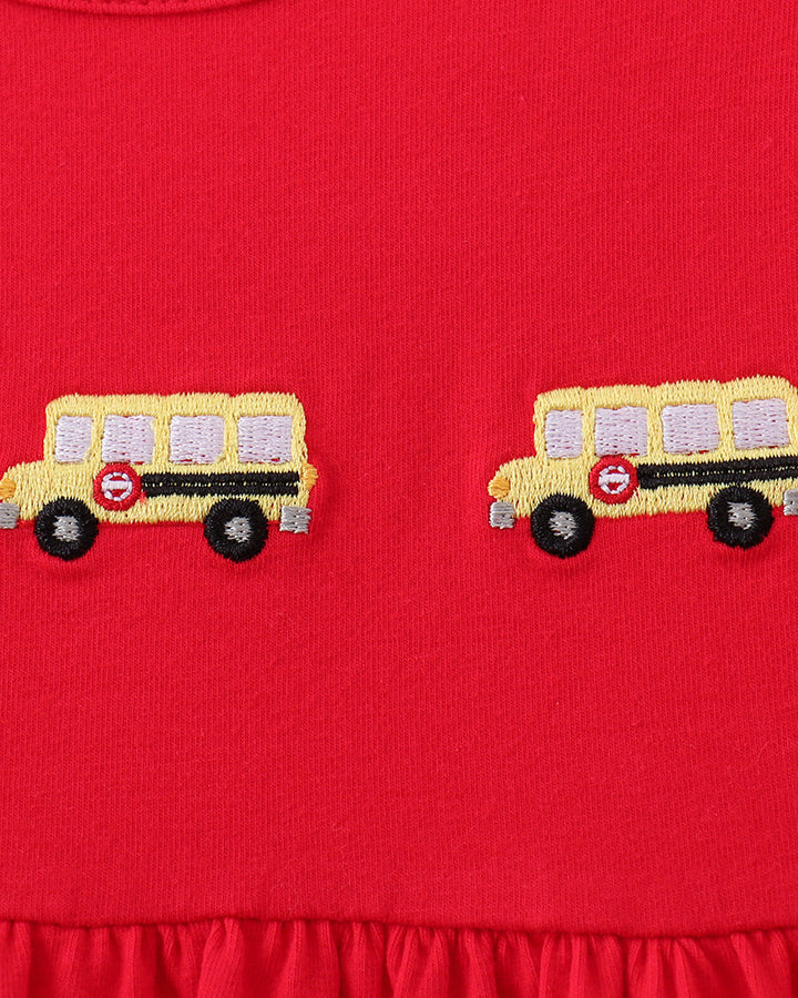 Red kids dress with school bus embroidery on chest