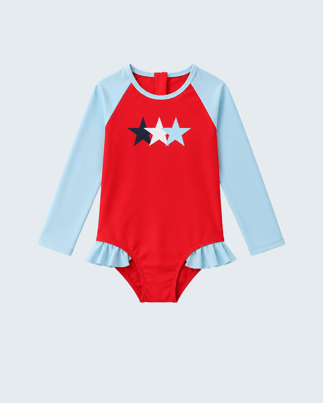 Red and light blue swimsuit with star design on a light gray background