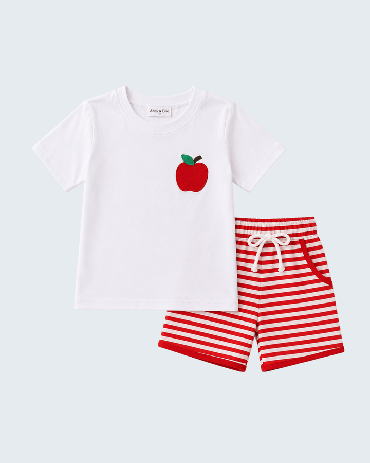 Kids white T-shirt set with red apple embroidery and red striped shorts