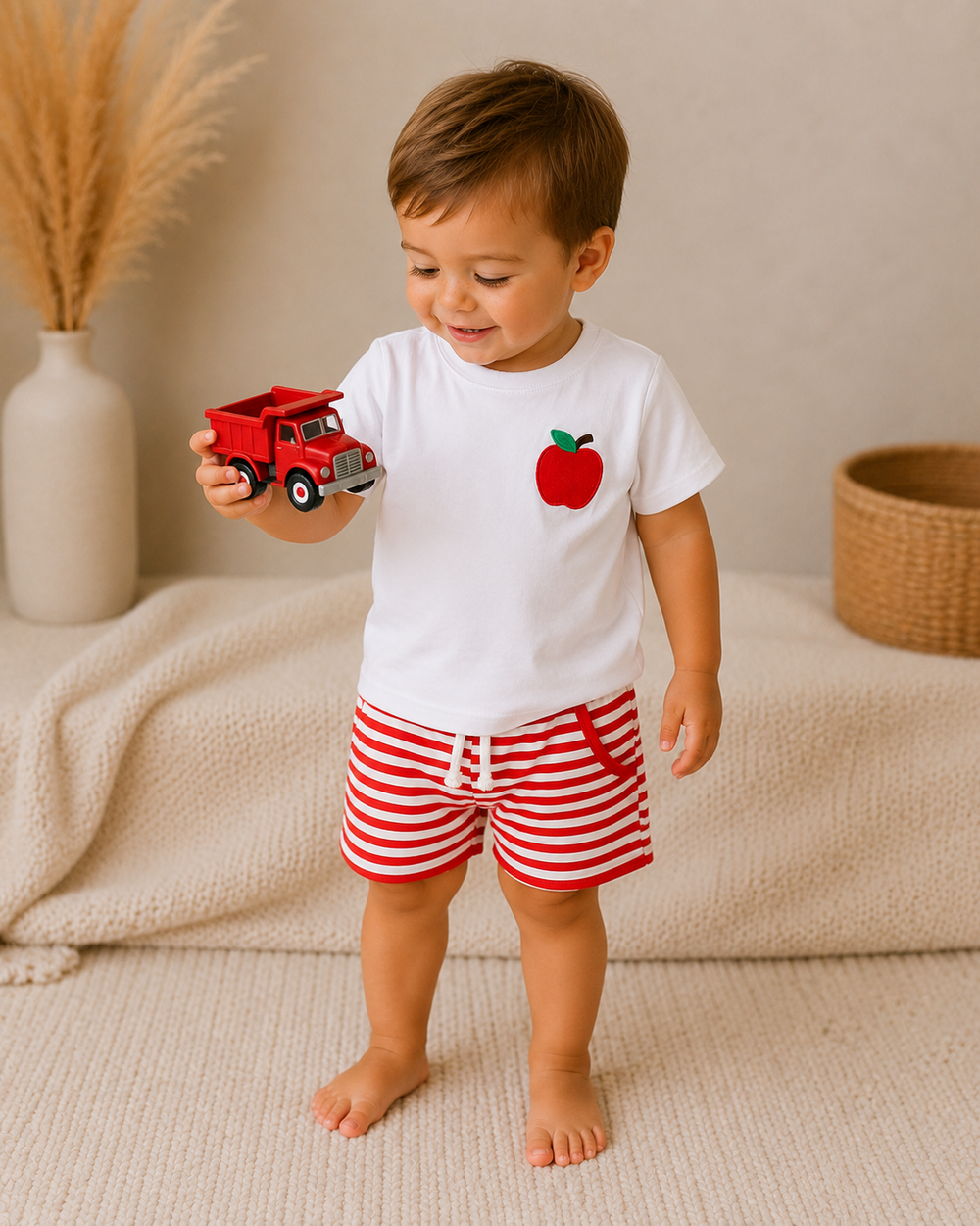Kids red striped shorts set with white T-shirt and embroidered red apple