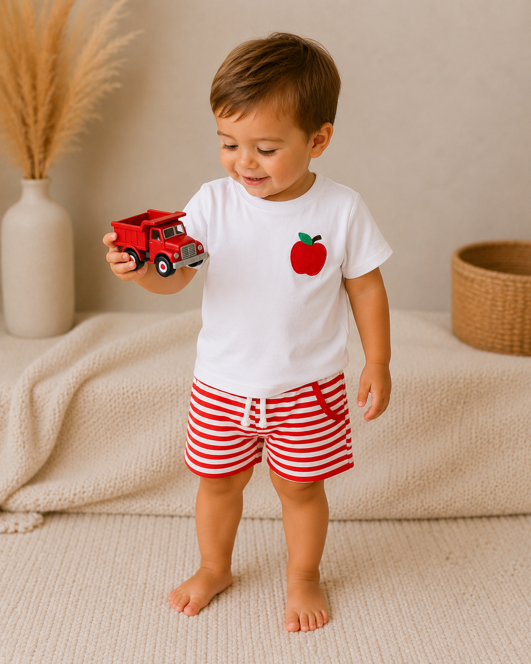 Kids red striped shorts set with white T-shirt and embroidered red apple