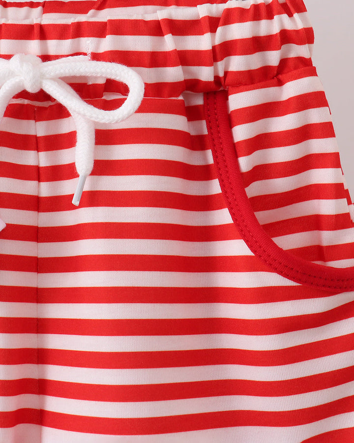 Red-and-white striped drawstring shorts with red trim and elastic waistband
