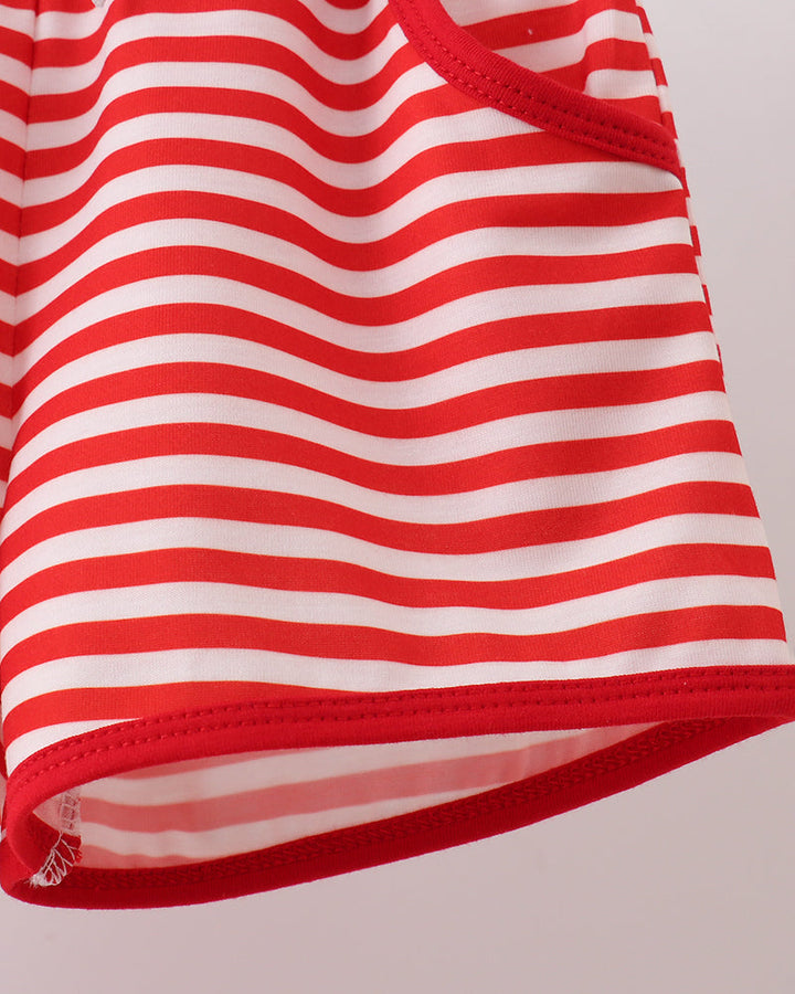 Red-and-white striped shorts hem with red trim and pull-string opening