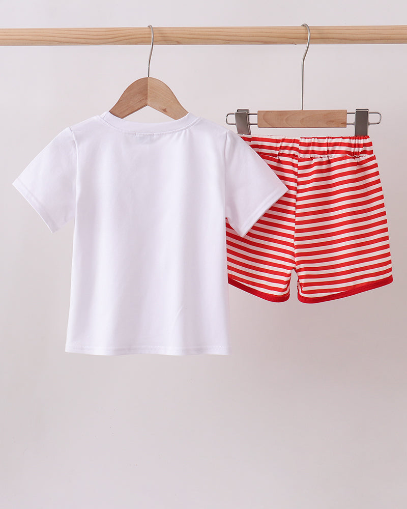 Kids matching T-shirt and striped shorts set with red apple graphic