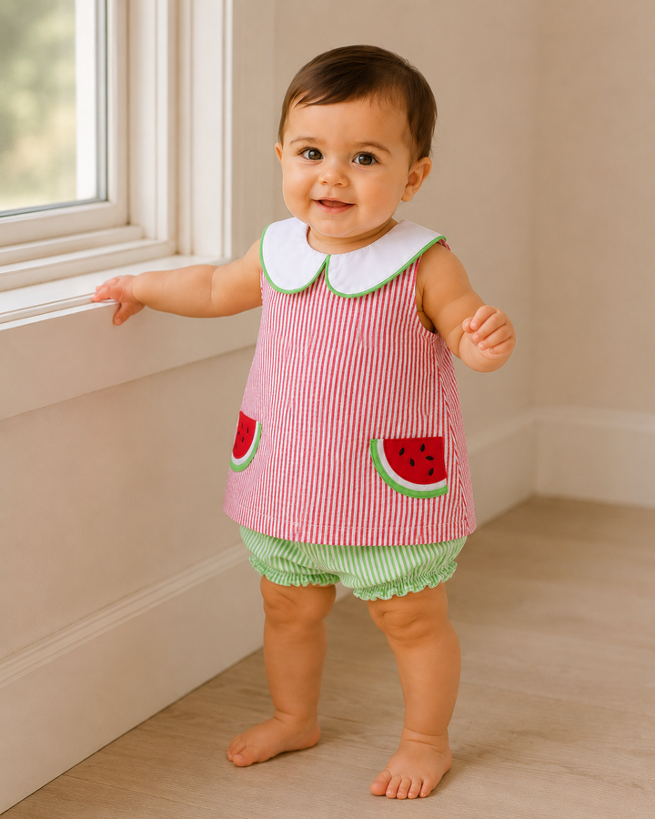 Baby wearing a red and green dress with watermelon design standing in a room.