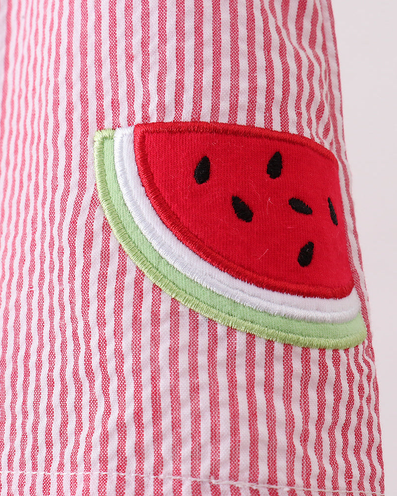 Red and white striped top with a watermelon patch pocket on a white background