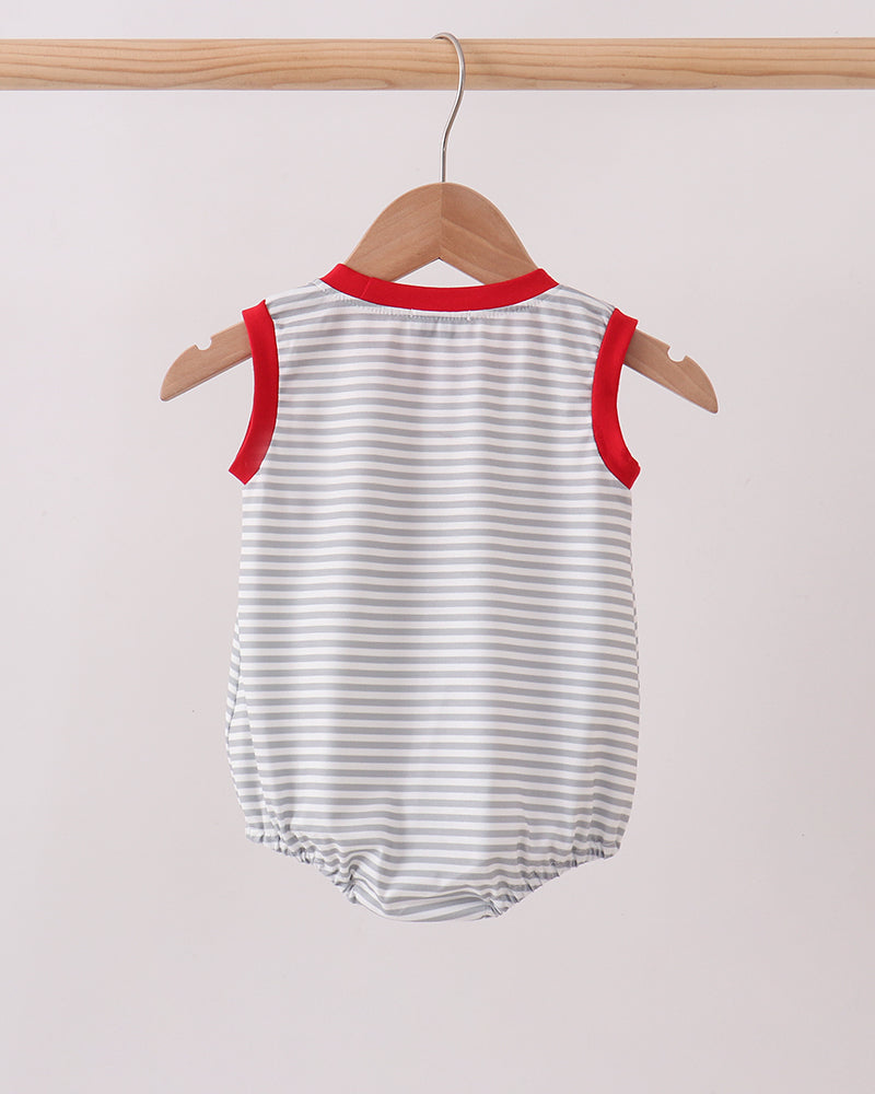 A sleeveless baby romper with thin gray horizontal stripes and red trim, hanging on a wooden hanger from a light wood clothing rack against a plain light background.