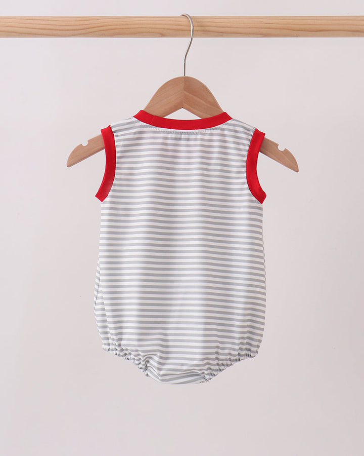 A sleeveless baby romper with thin gray horizontal stripes and red trim, hanging on a wooden hanger from a light wood clothing rack against a plain light background.