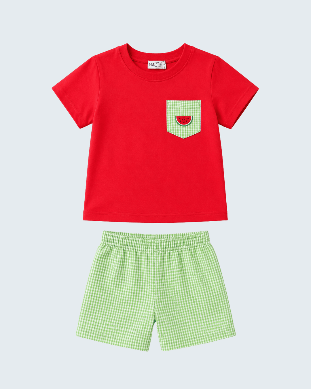 Red t-shirt with a watermelon pocket and green checkered shorts on a white background