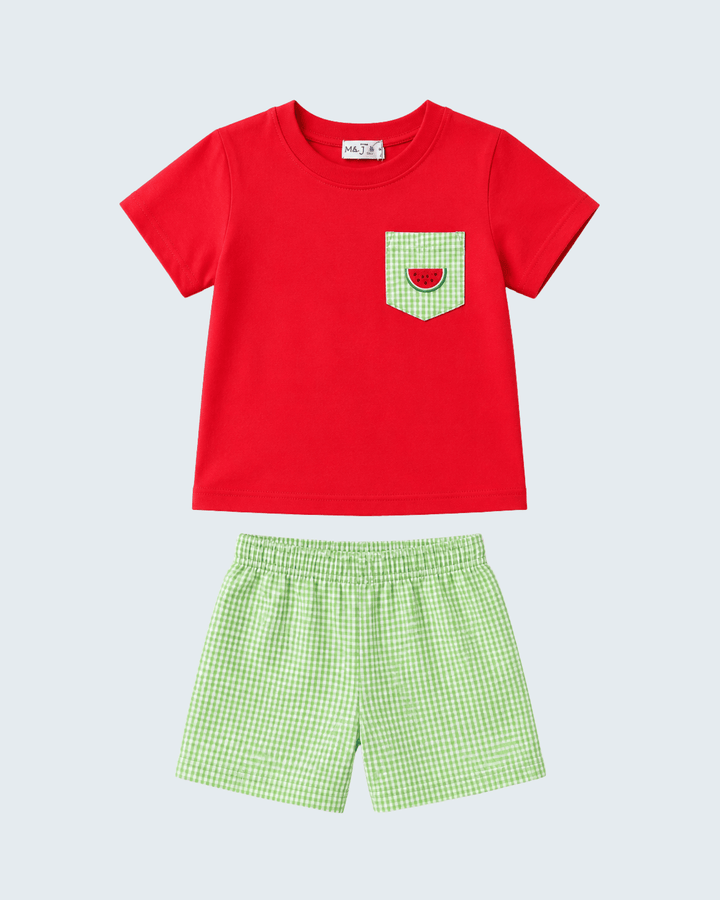 Red t-shirt with a watermelon pocket and green checkered shorts on a white background