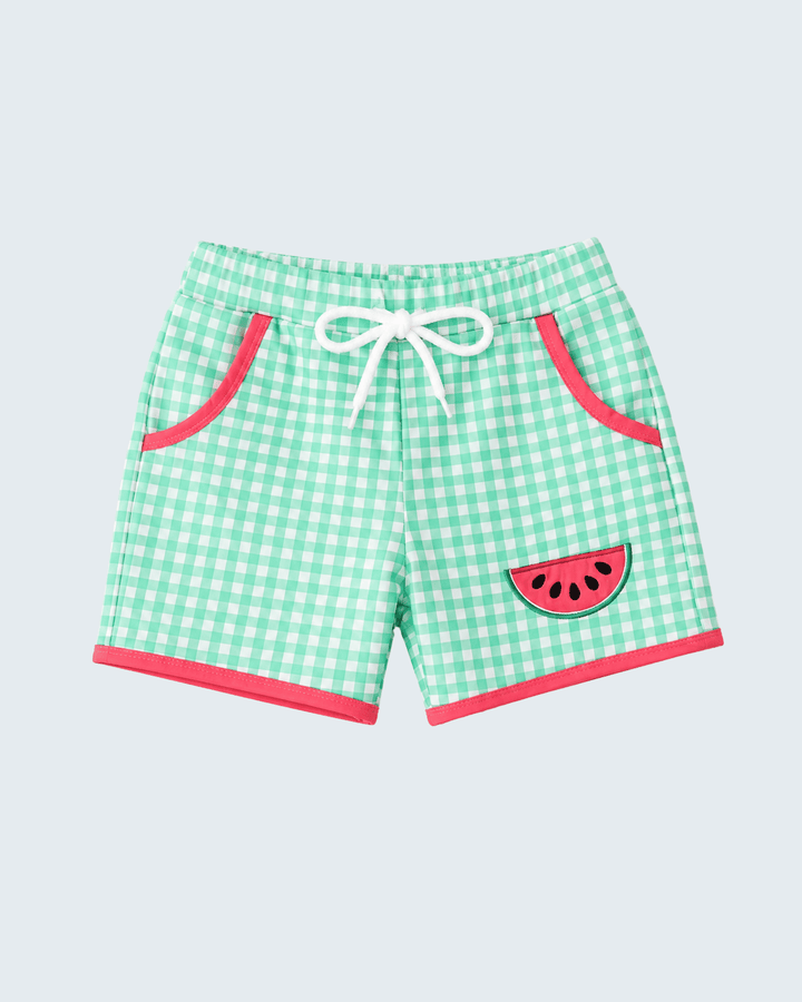 Green gingham shorts with watermelon design on a light gray background