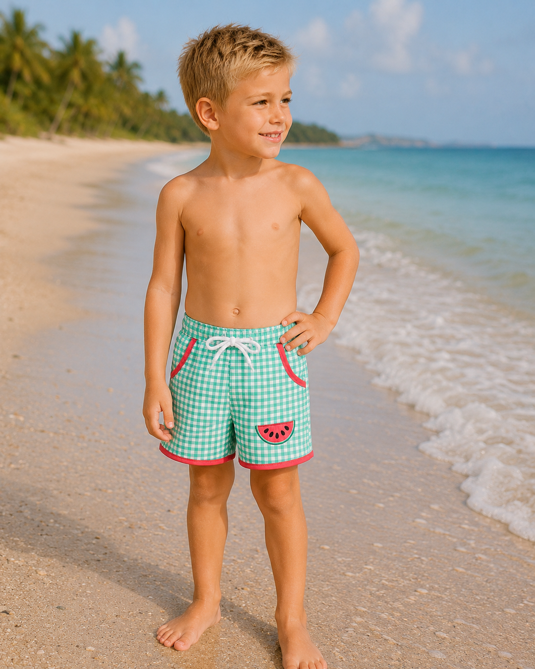 Young boy in green checkered swim shorts with watermelon design on a beach.