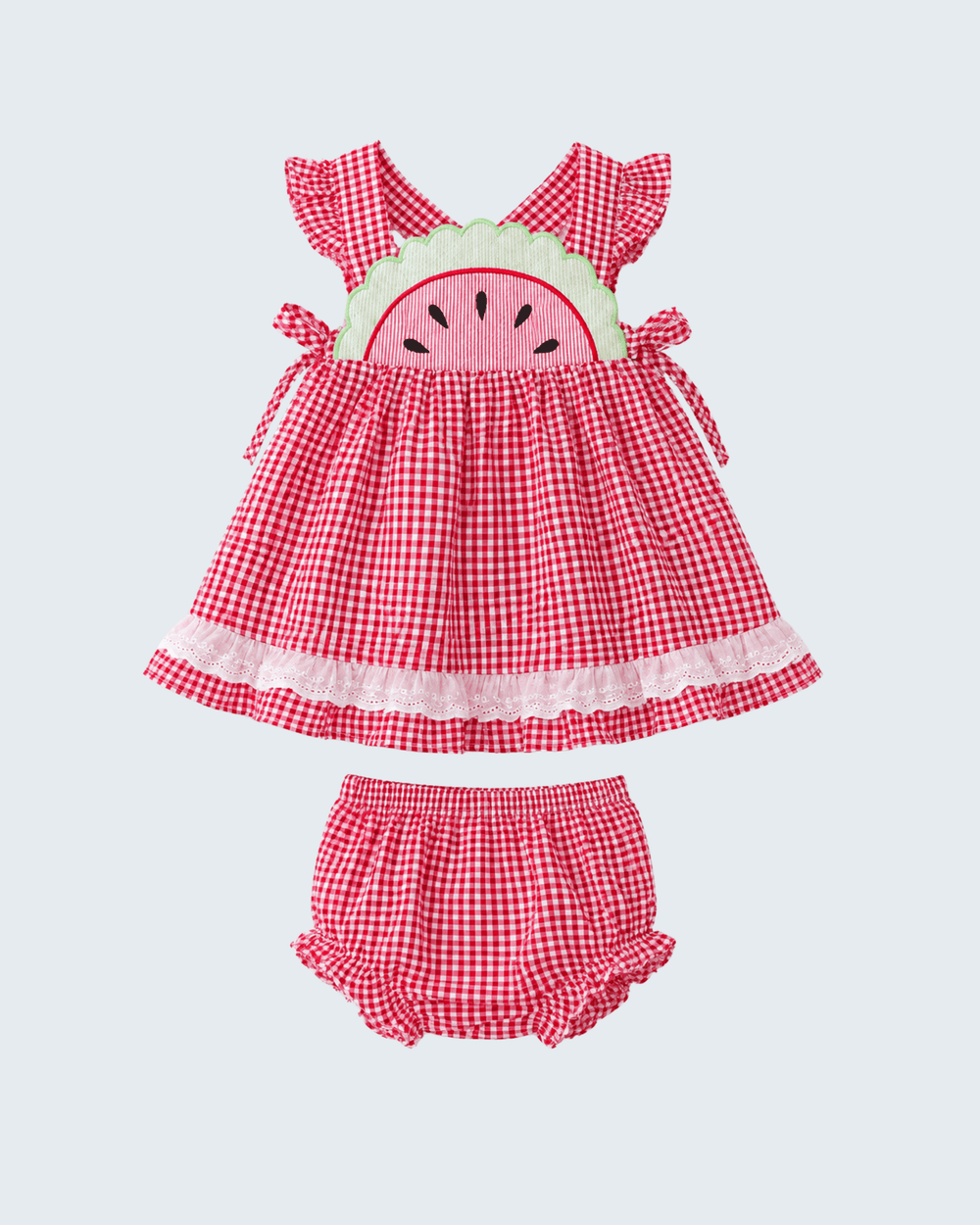 Watermelon applique gingham ruffle dress and bloomer set