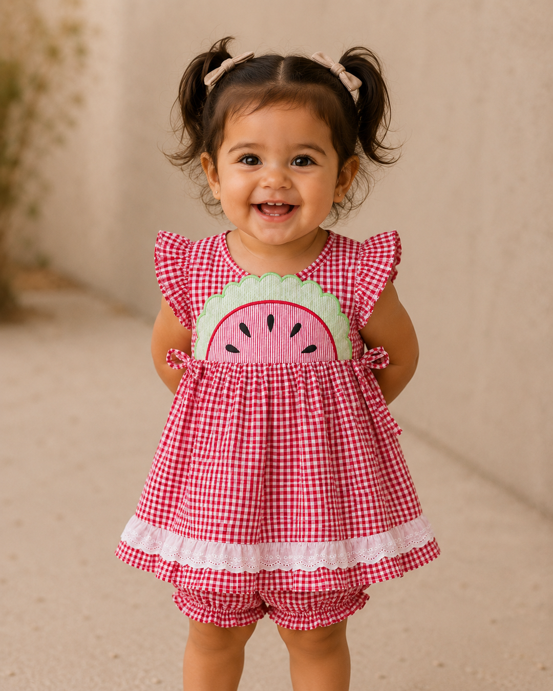 Child wearing a red checkered dress with watermelon design against a beige background