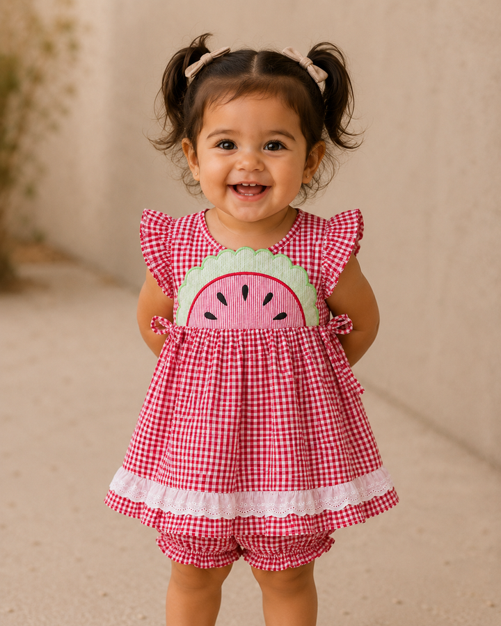 Child wearing a red checkered dress with watermelon design against a beige background