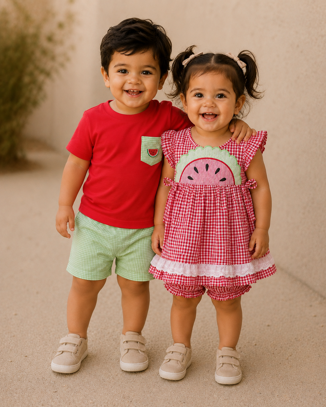 Two children standing together, one in a red shirt and green shorts, the other in a checkered dress with a watermelon design, on a beige background.