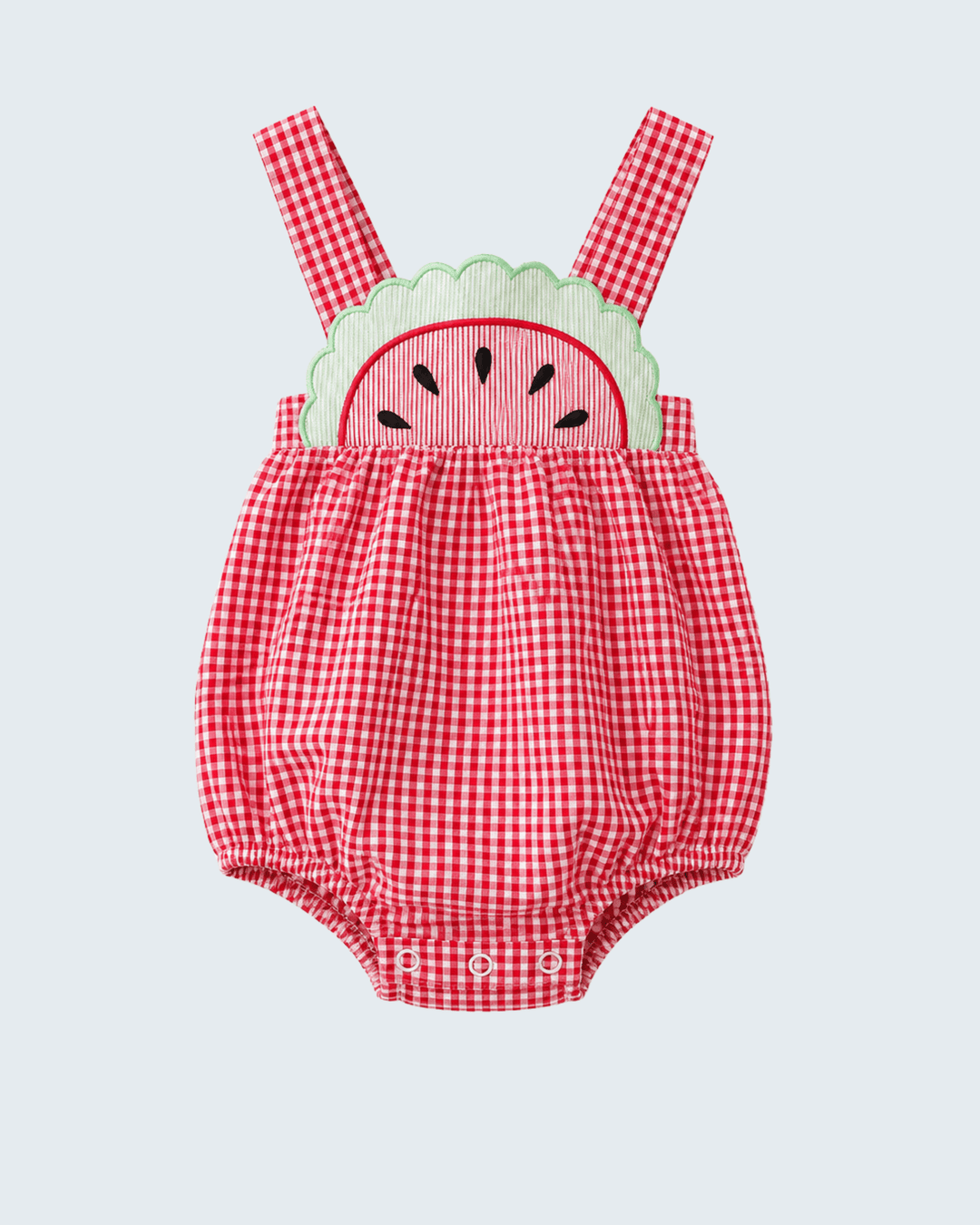 Red and white checkered baby romper with watermelon design on a light gray background