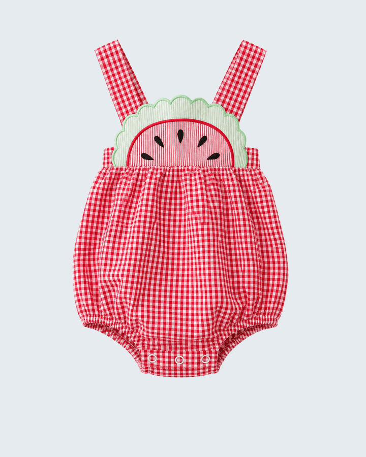 Red and white checkered baby romper with watermelon design on a light gray background