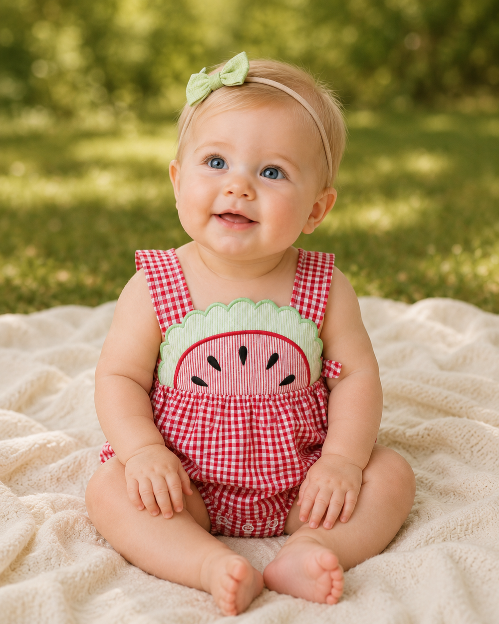 Baby wearing a red checkered outfit with a watermelon design, sitting on a blanket outdoors.