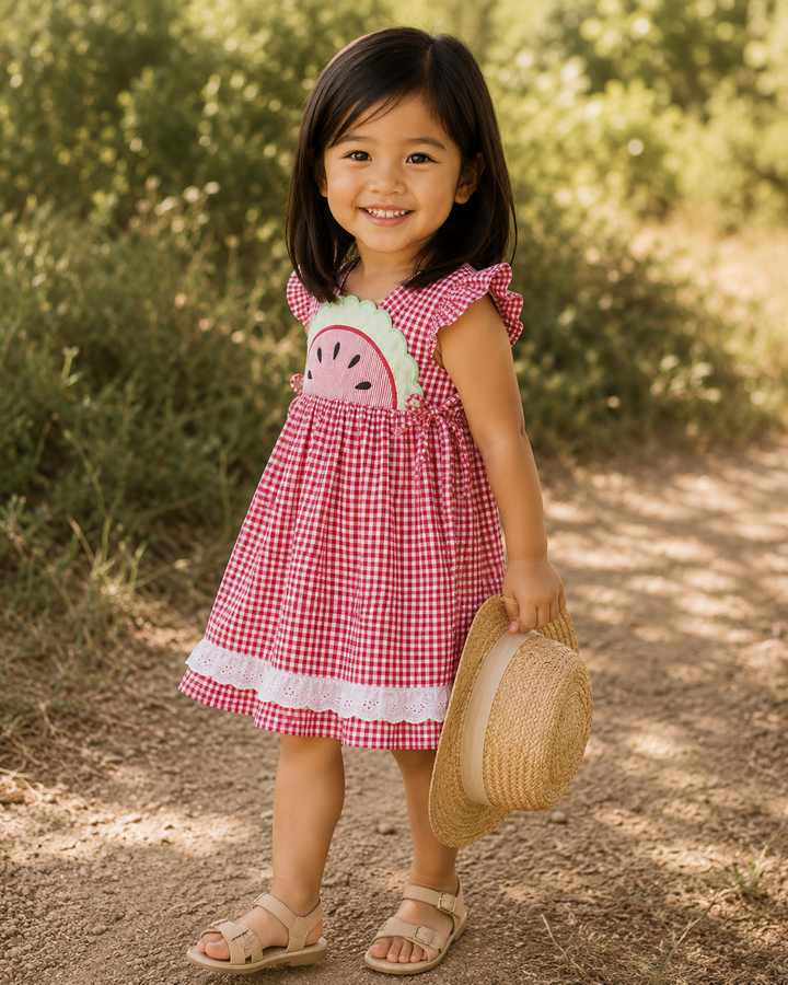 Young girl in a red checkered dress with watermelon design outdoors