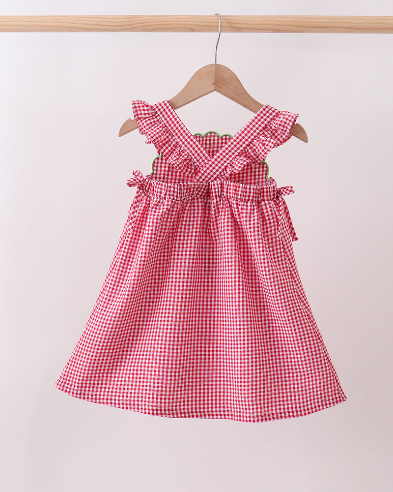 Red and white checkered dress on a hanger against a light background