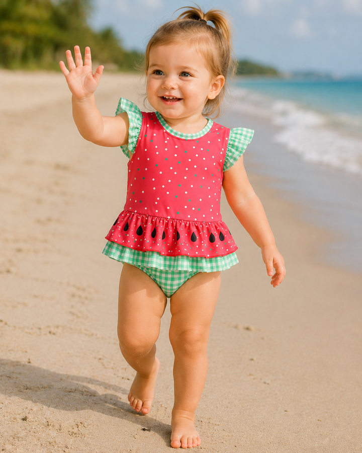 Child in a red and green outfit walking on a sandy beach with ocean and palm trees in the background.