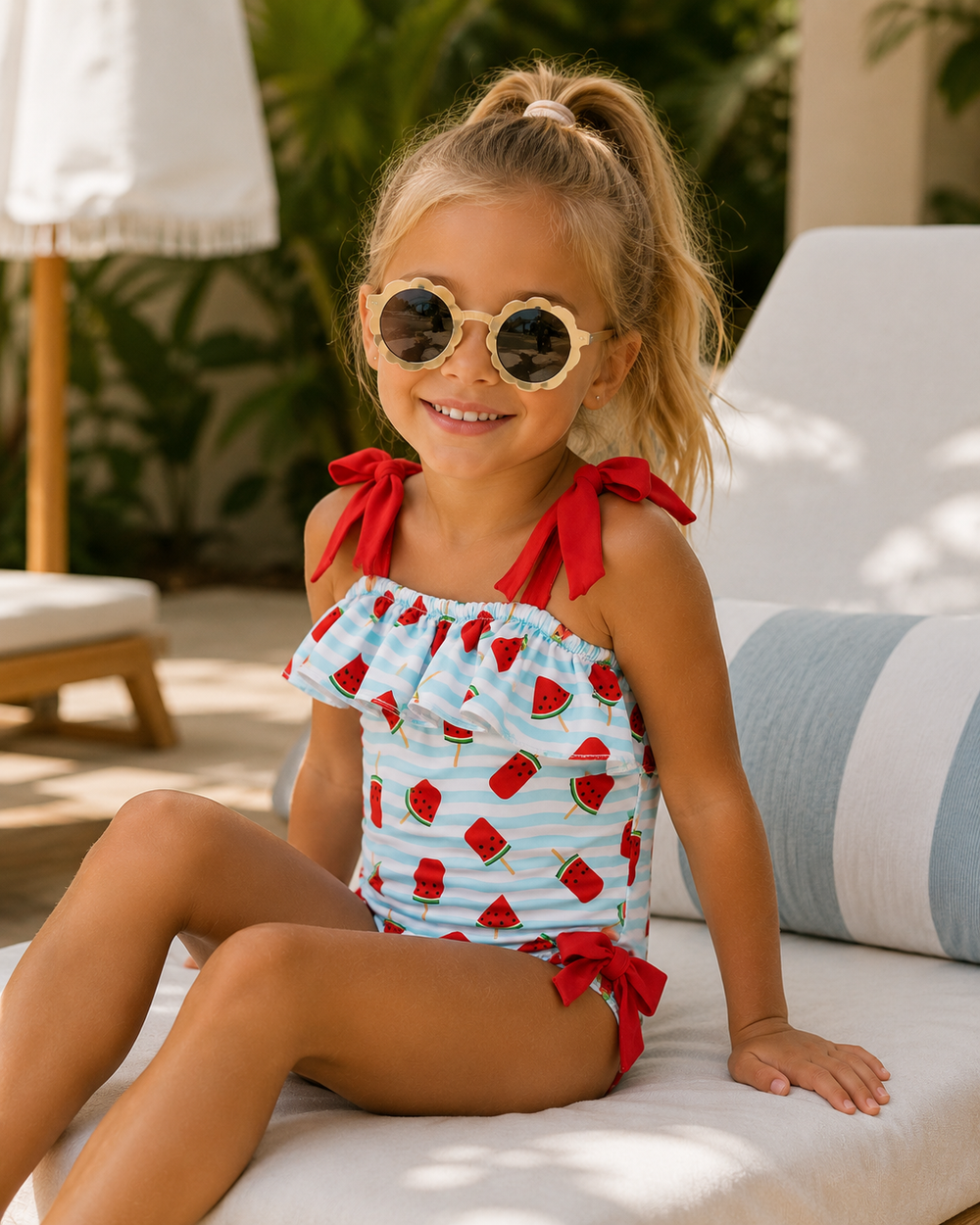 Young girl in a watermelon print swimsuit with red straps sitting on a lounge chair outdoors.