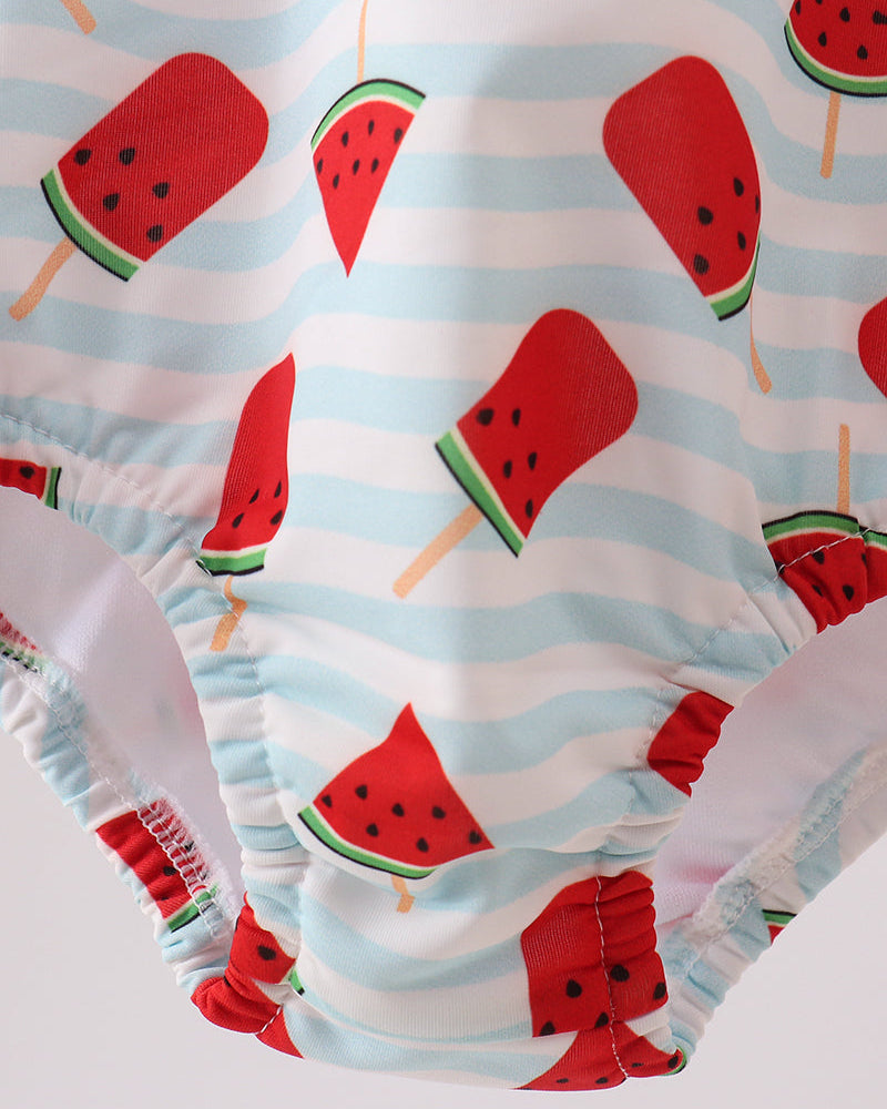 Swimsuit with watermelon pattern on a striped background