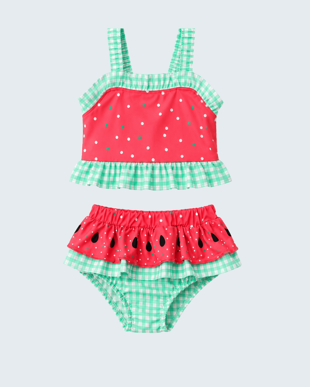 Children's two-piece swimsuit with red top and red shorts featuring watermelon design on a light gray background