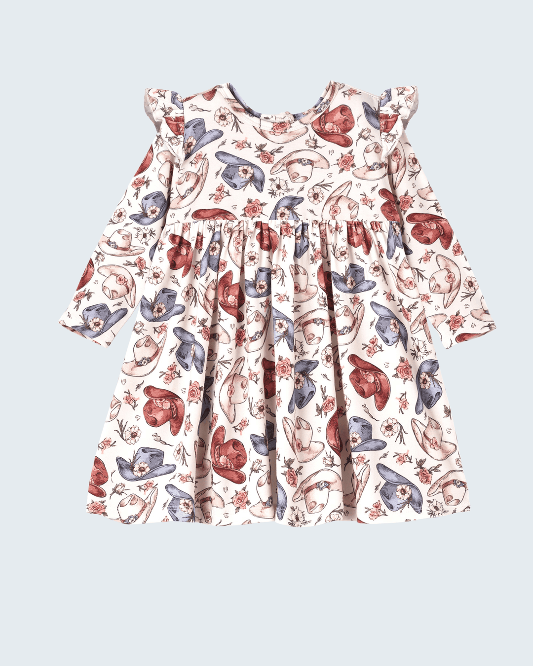 Cowgirl print bamboo dress with gathered skirt and short sleeves, boots, hats, and roses