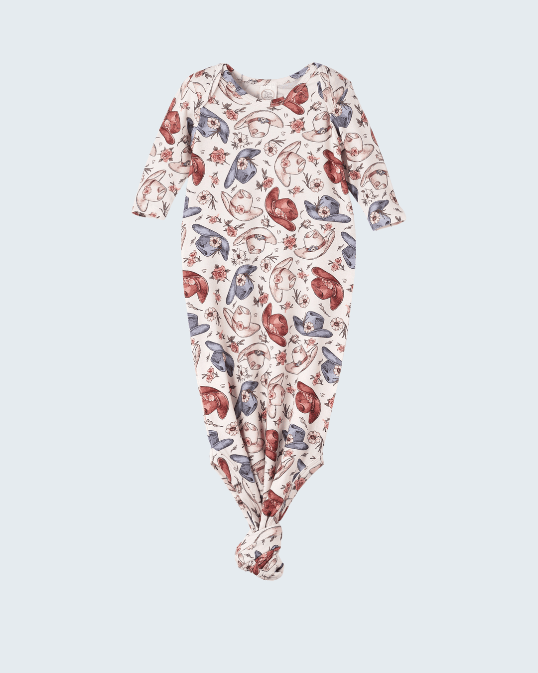 Bamboo knot gown with rodeo cowgirl novelty print, long sleeves, tied front hem