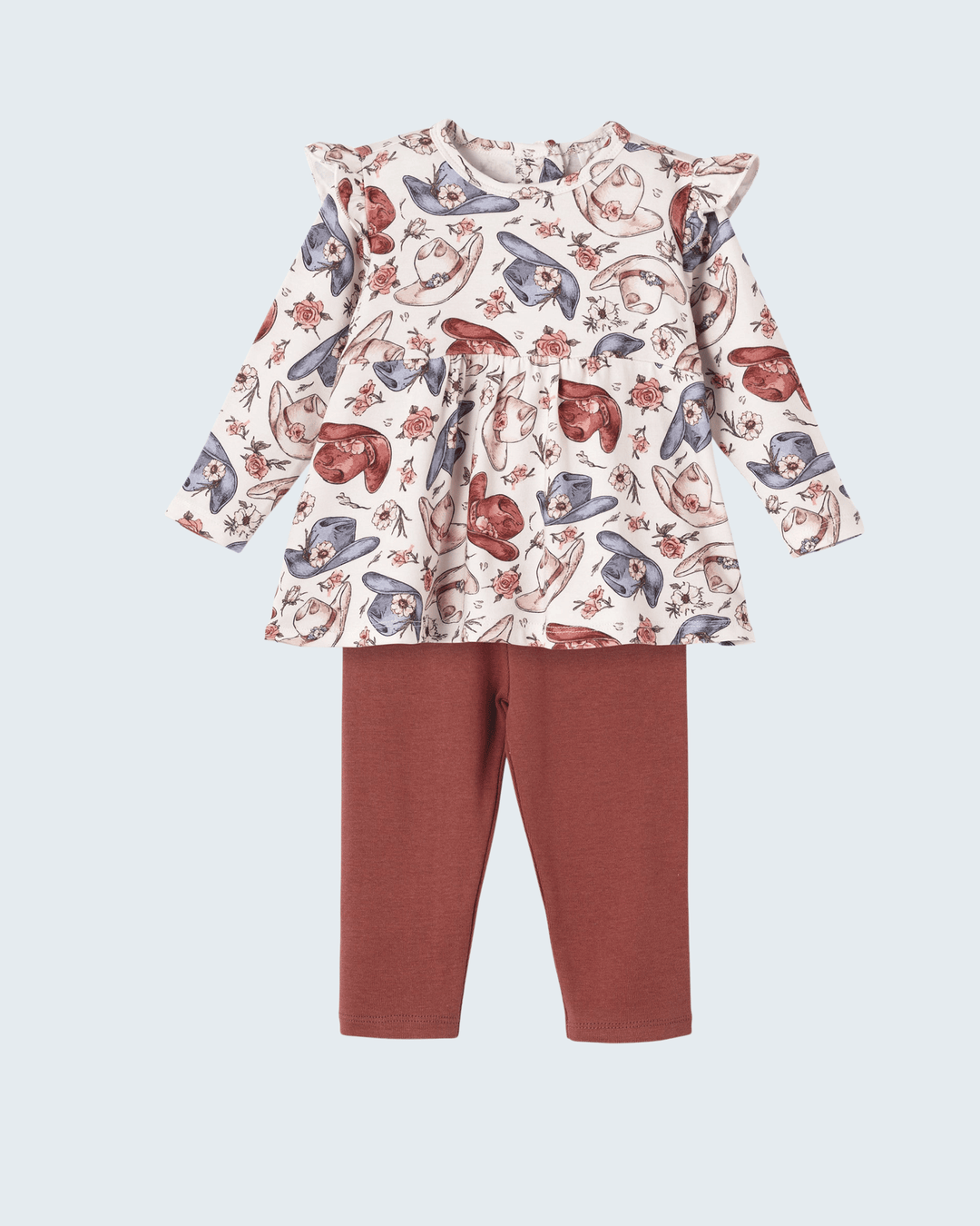 Bamboo cowgirl outfit set: printed long-sleeve top and rust leggings