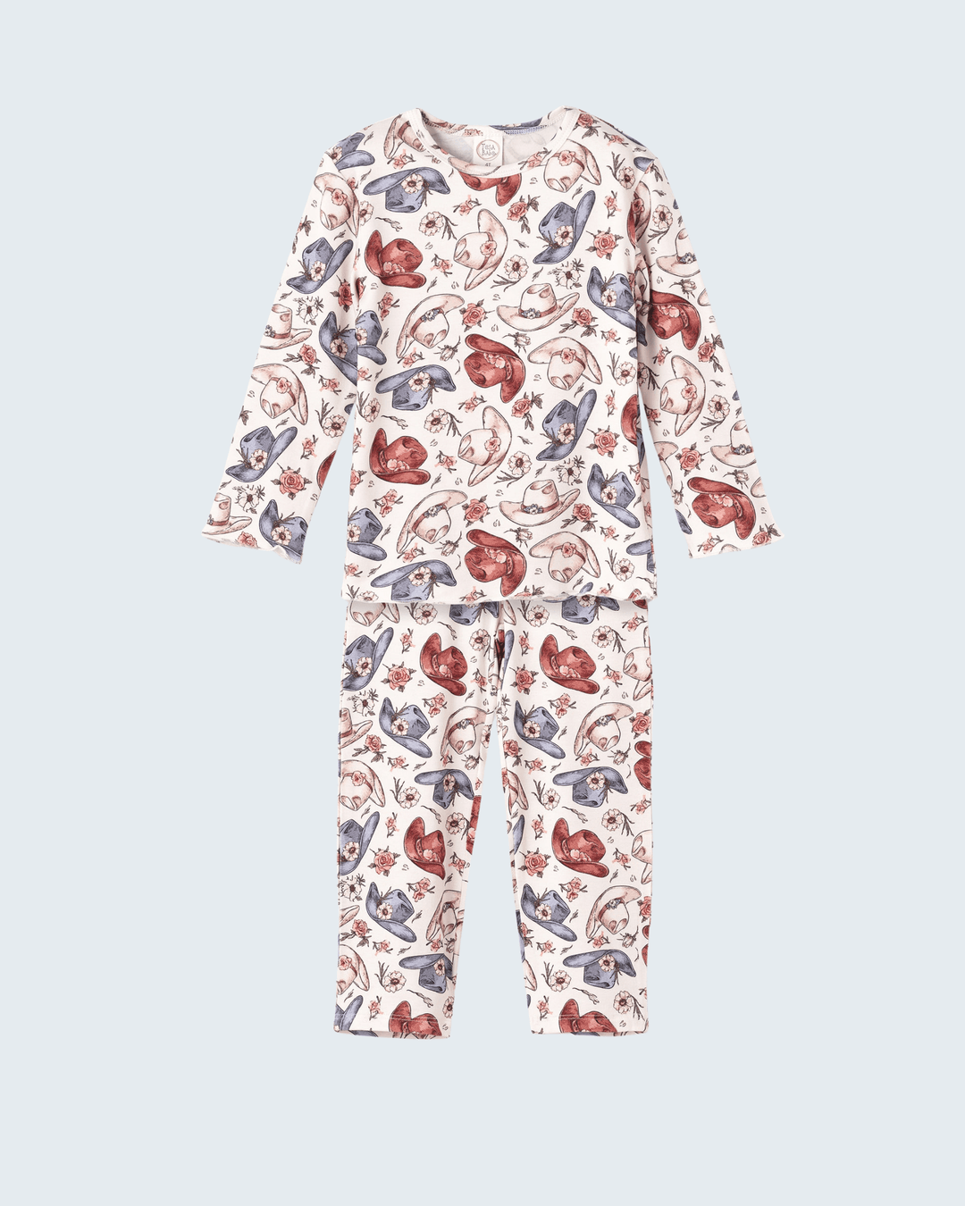 Long-sleeve pajama set with pants in cream; bird, heart, and flower print
