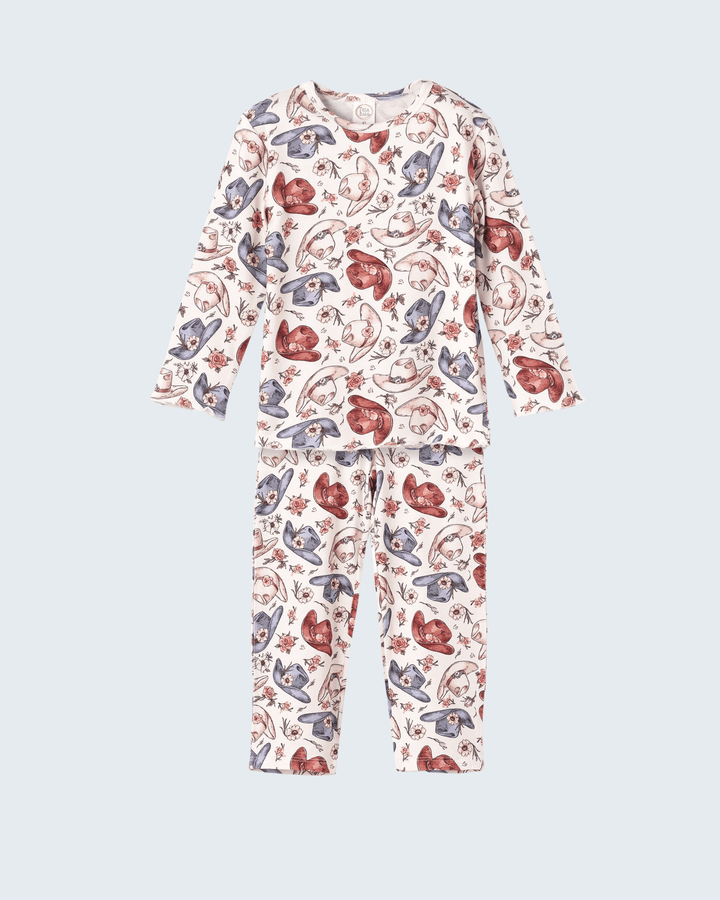 Long-sleeve pajama set with pants in cream; bird, heart, and flower print
