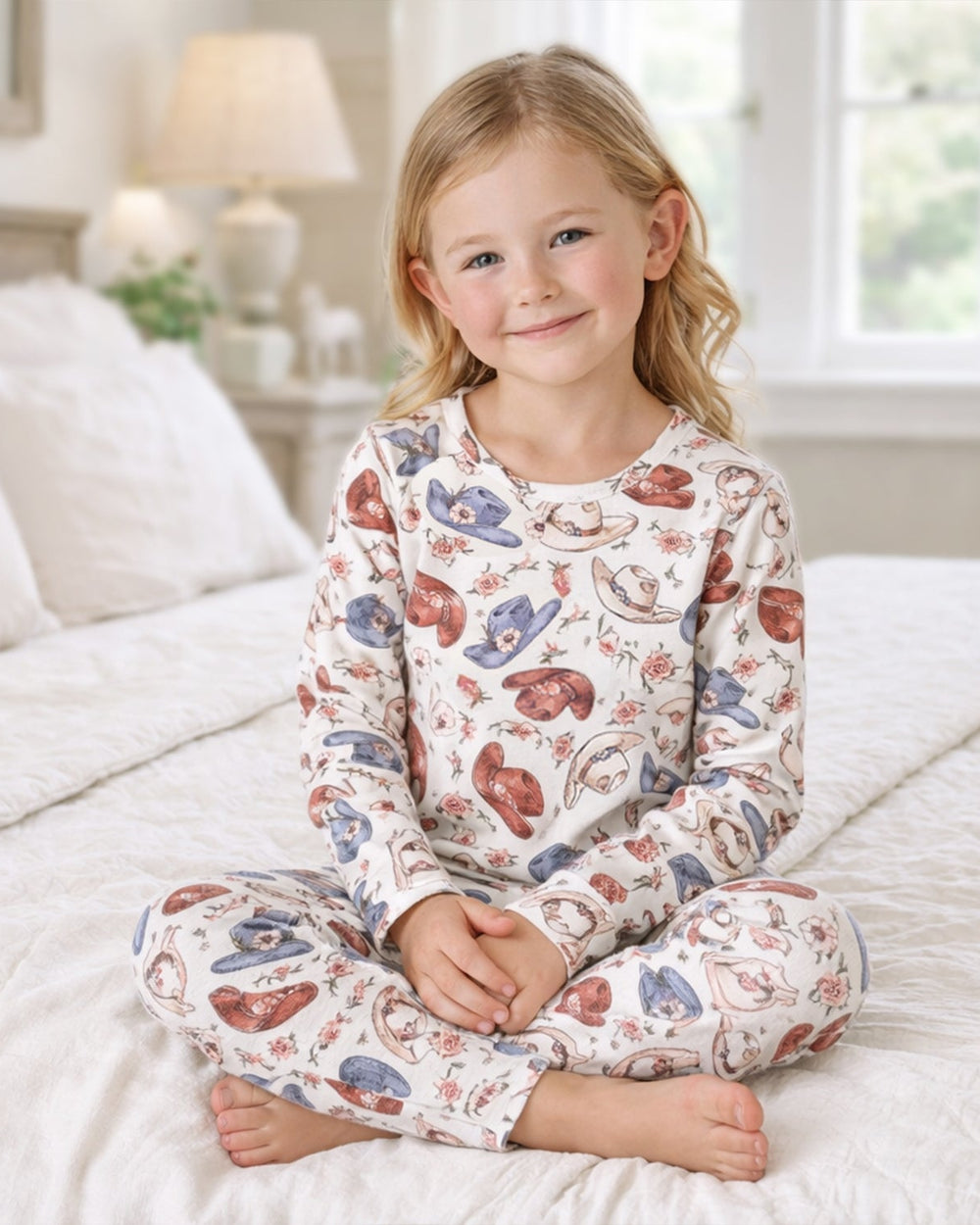 Kids' bamboo pajama set with long sleeves and allover cowboy hat and boot print