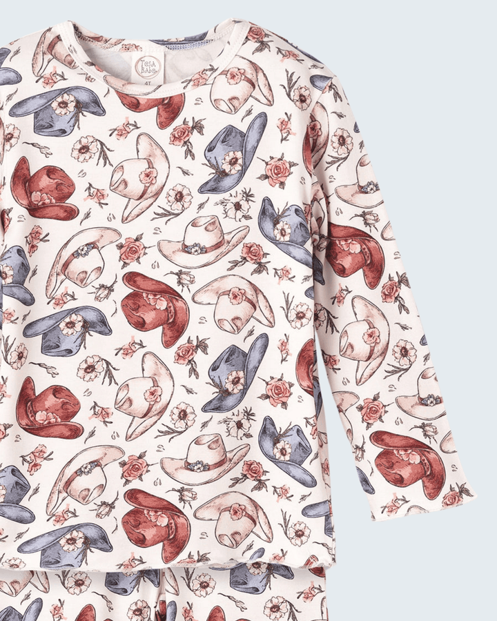 Long-sleeve pajama top in cream with bird, heart, and flower print