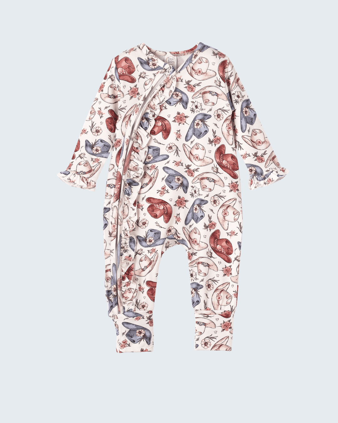 Bamboo zipper romper with allover cowboy boot, hat, and feather print, long sleeves