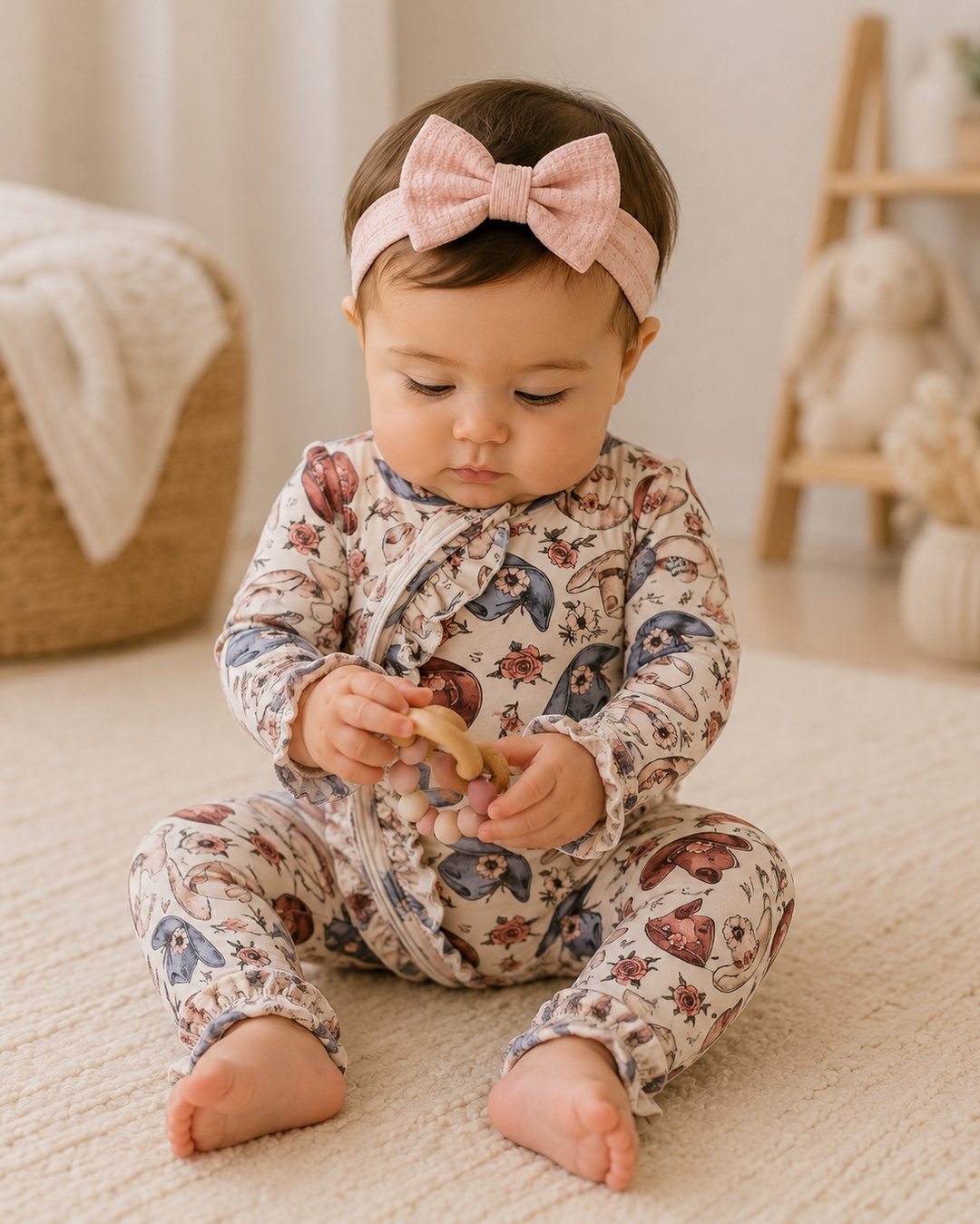 Baby wearing bamboo zipper romper with cowboy print and matching bow headband