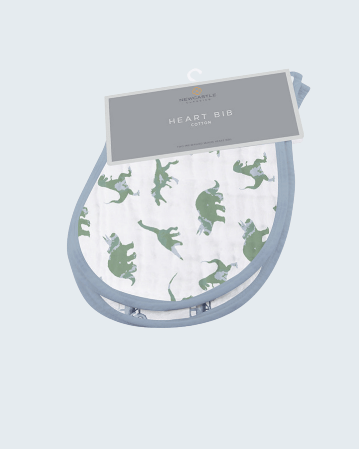 Baby bib with dinosaur pattern on a light blue background
